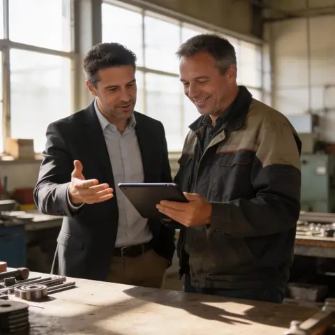 Berater im Gespräch mit einem Kunden in dessen Werkstatt