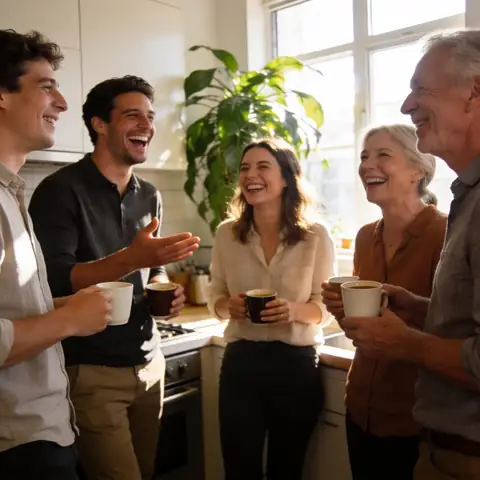 Team lacht gemeinsam in der Kaffeepause